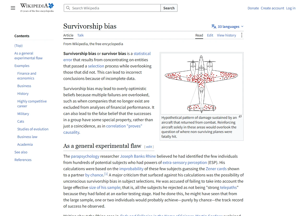 维基百科 Survivorship bias 词条开头，右侧是一架标满红点的轰炸机示意图，红点表示返航飞机身上的弹孔分布